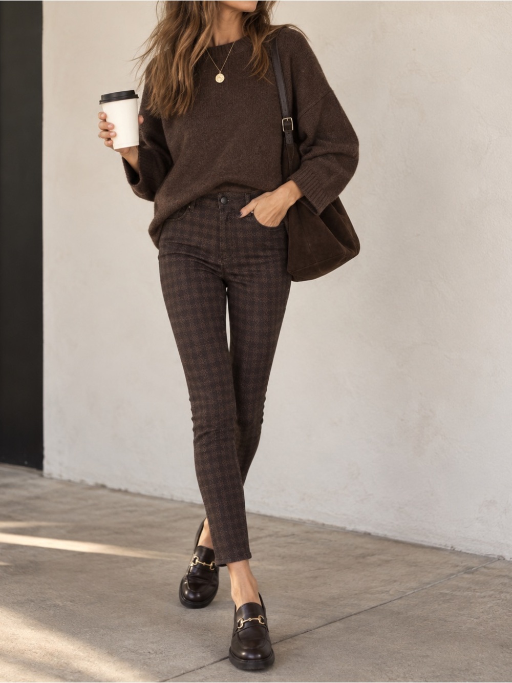 Unpublished Kora Mid Rise Skinny Jeans Hickory Houndstooth Brown Plaid